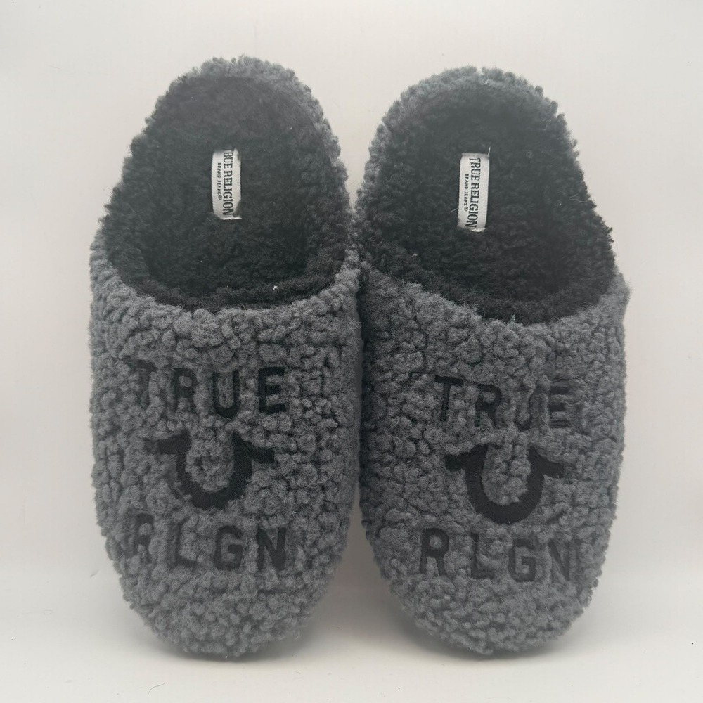 True Religion Sherpa Fleece Slippers Mens XL 13 Grey Black Logo House Shoes